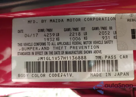 2017 Mazda 6 Touring z USA, uszkodzony, nr VIN JM1GL1V57H1136888